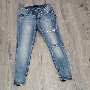 refuge Light Blue Skinny Jeans with Pearl Studs